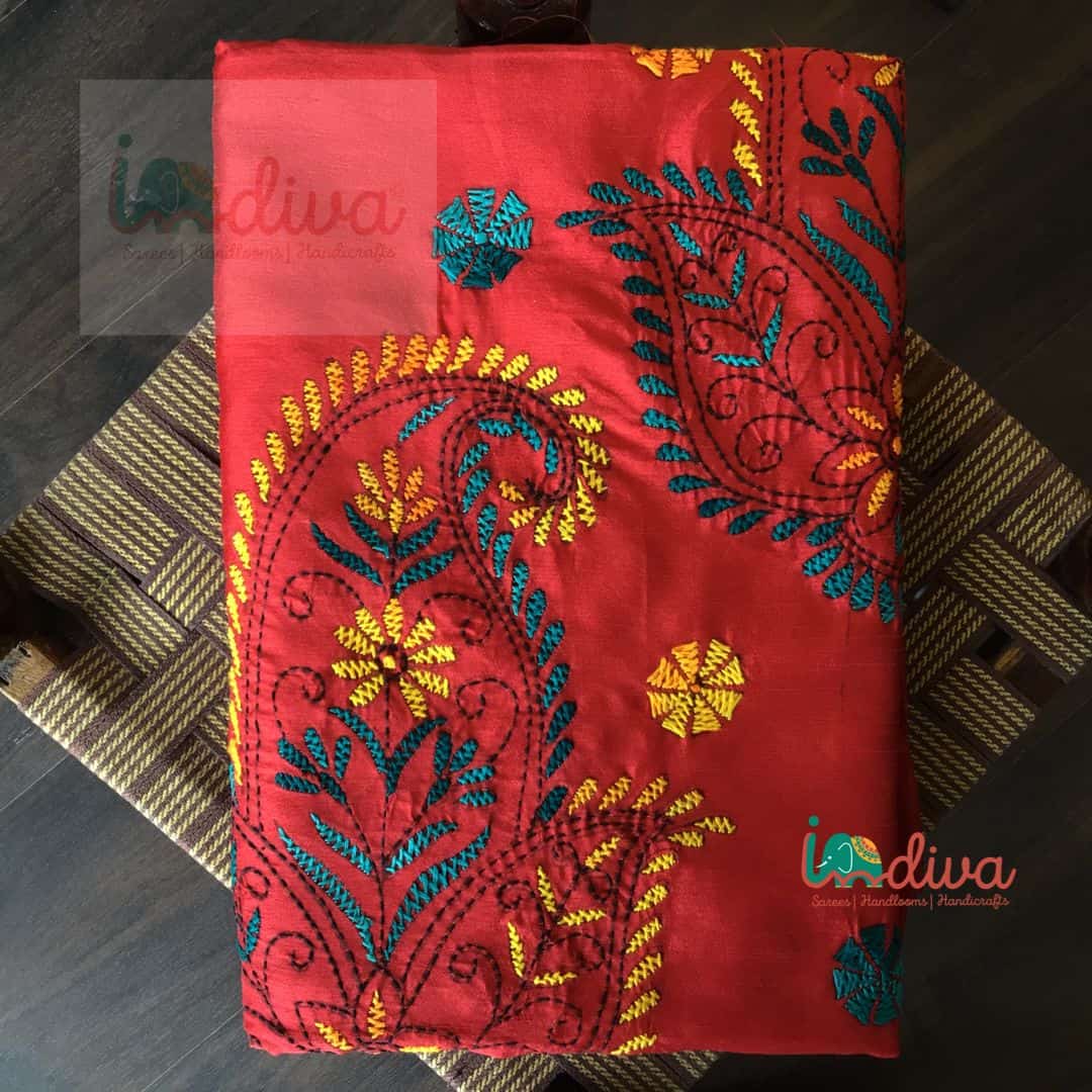 Red Handloom Assam Silk Kantha Saree-Folded