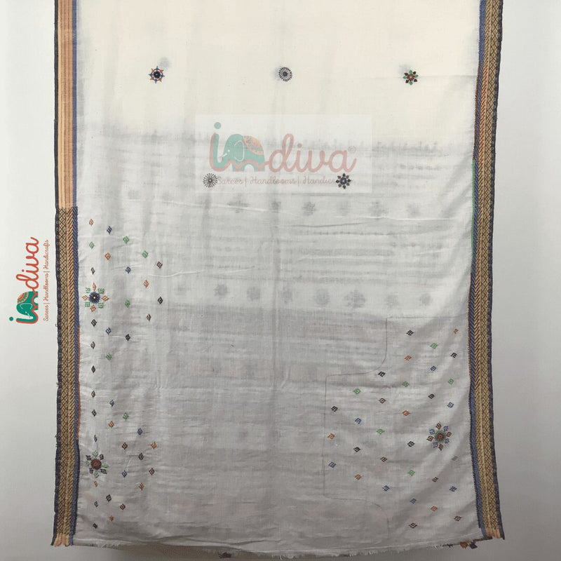 Indiva Off-White Lambani Embroidered Khadi Saree-Blouse