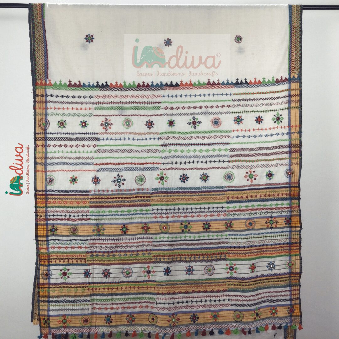Indiva Off-white Lambani Embroidered Khadi Saree
