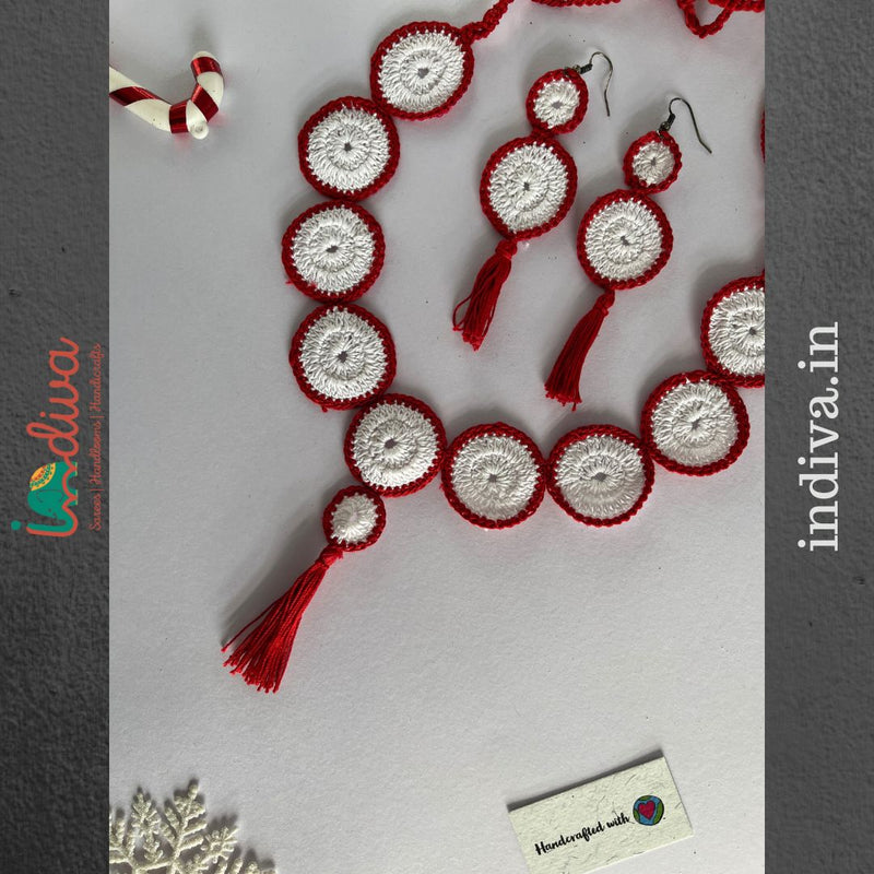 Indiva Red & White Crochet Necklace Set-1