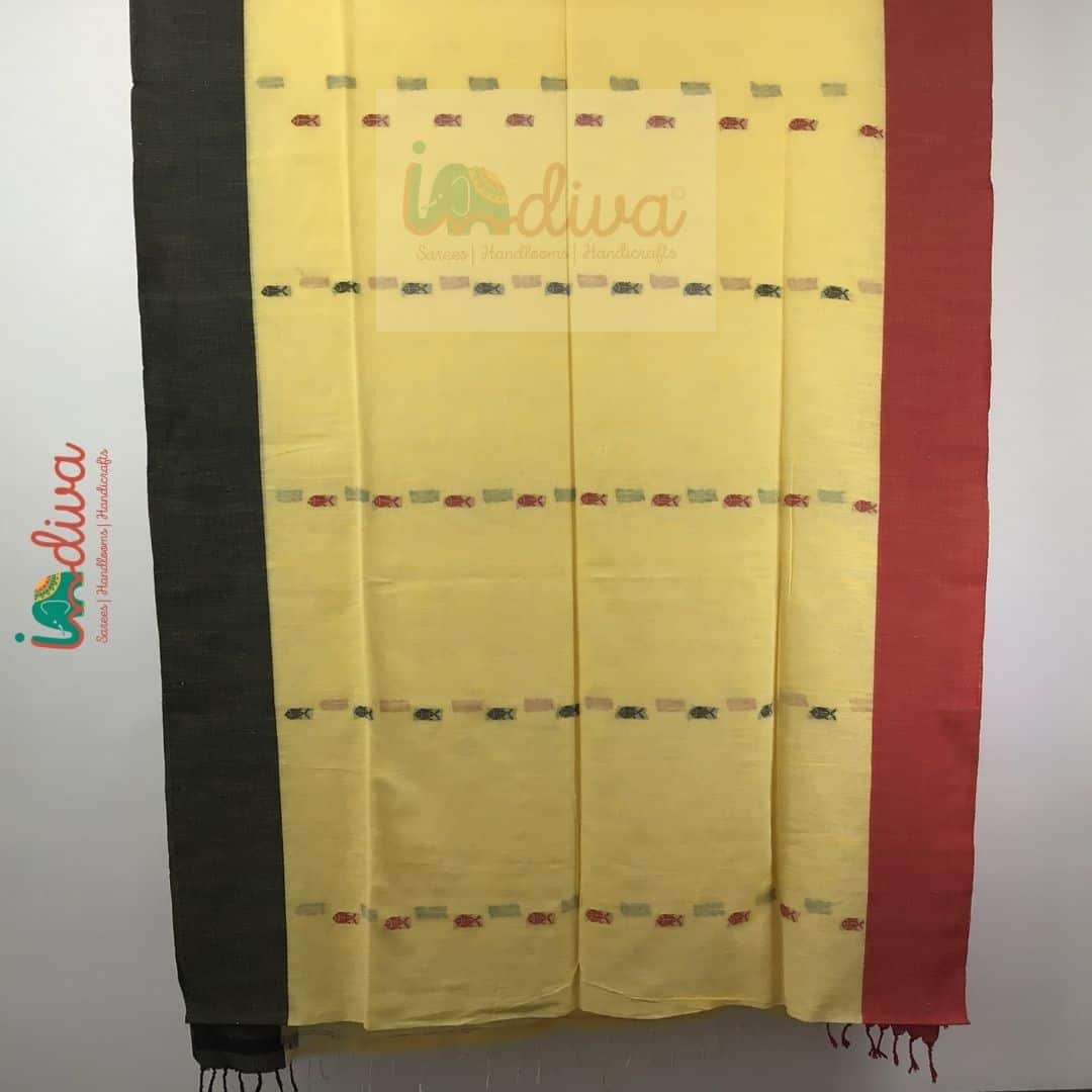 Indiva Yellow Handloom Cotton Ganga Jamuna Saree-Body