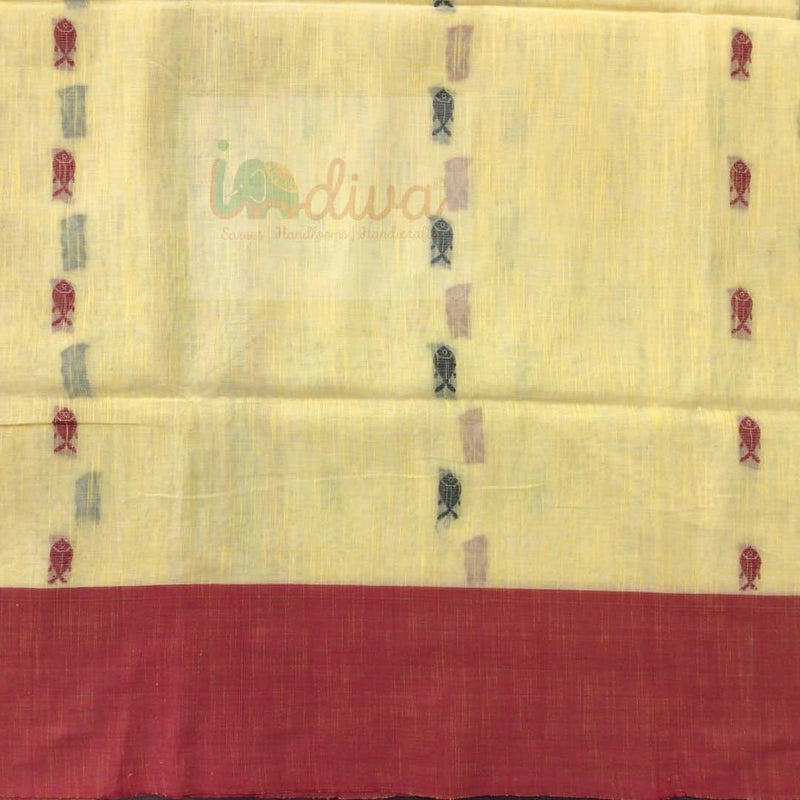 Indiva Yellow Handloom Cotton Ganga Jamuna Saree-Body-Red Border