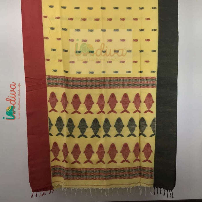 Indiva Yellow Handloom Cotton Ganga Jamuna Saree-Body