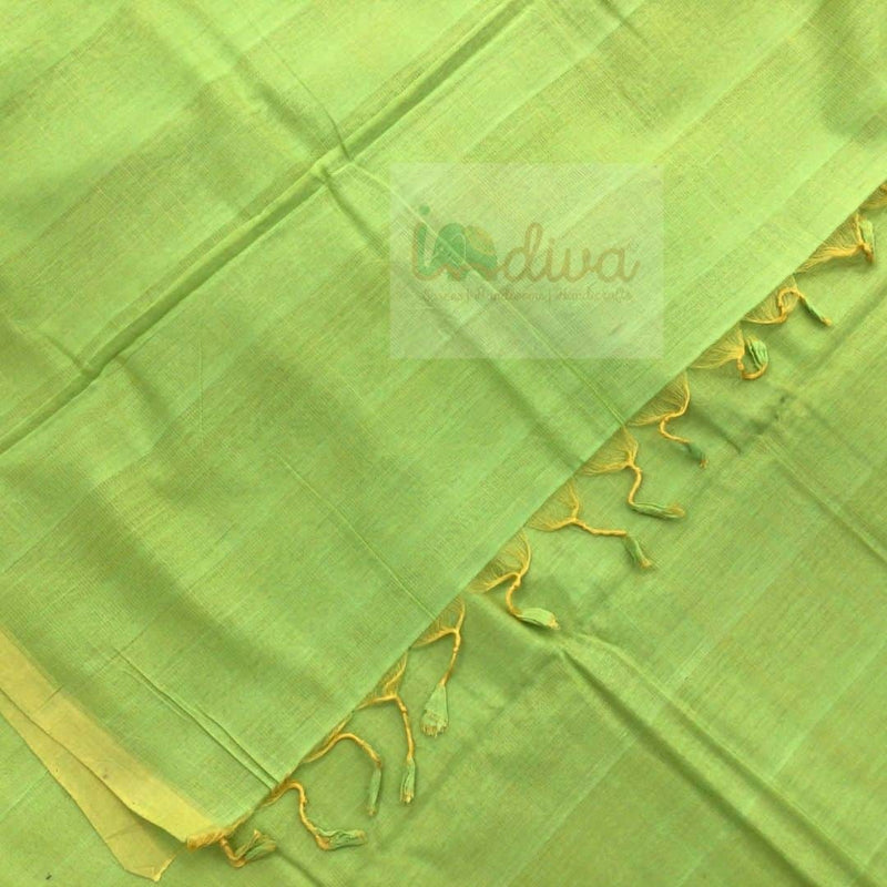 Indiva Yellowish Green Mangalgiri Cotton Saree-Flat