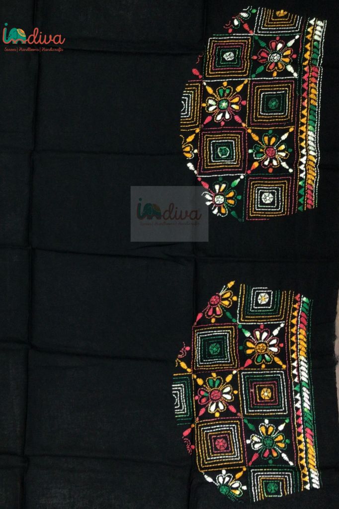 Indiva Colourful Hand Embroidered Black Kantha Blouse Fabric