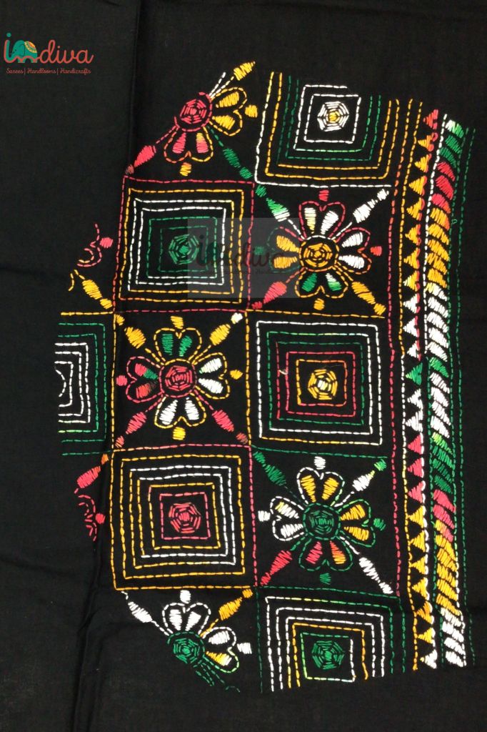 Indiva Colourful Hand Embroidered Black Kantha Blouse Fabric
