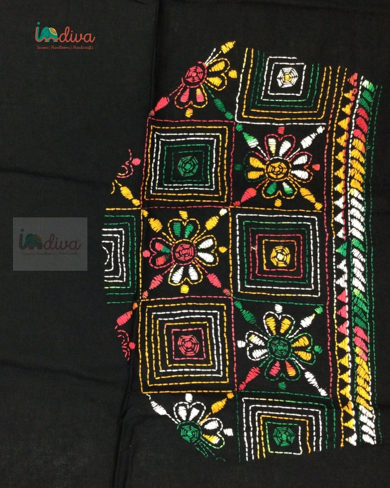 Black Kantha Blouse Fabric With Artistic Snail Motifs