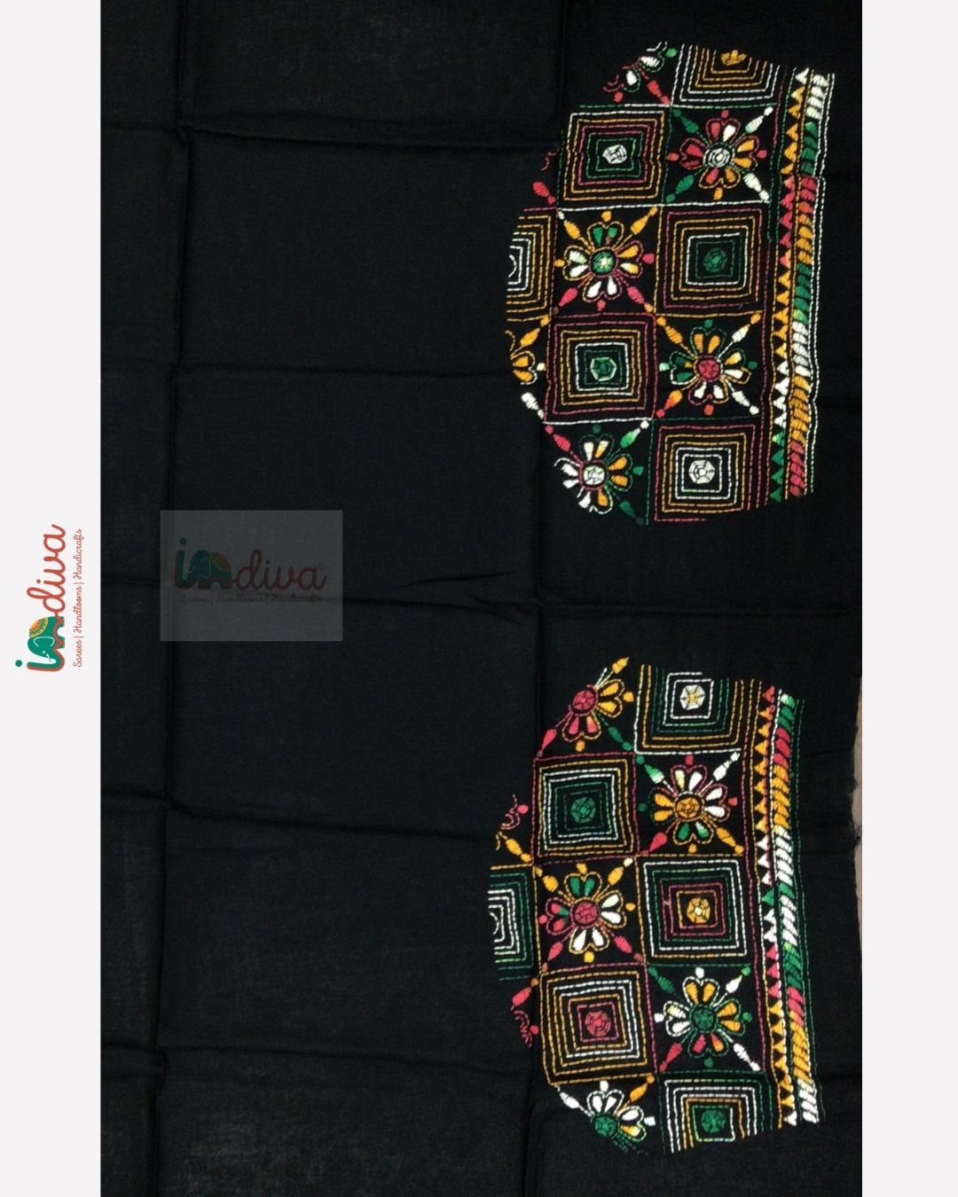 Black Kantha Blouse Fabric With Artistic Snail Motifs