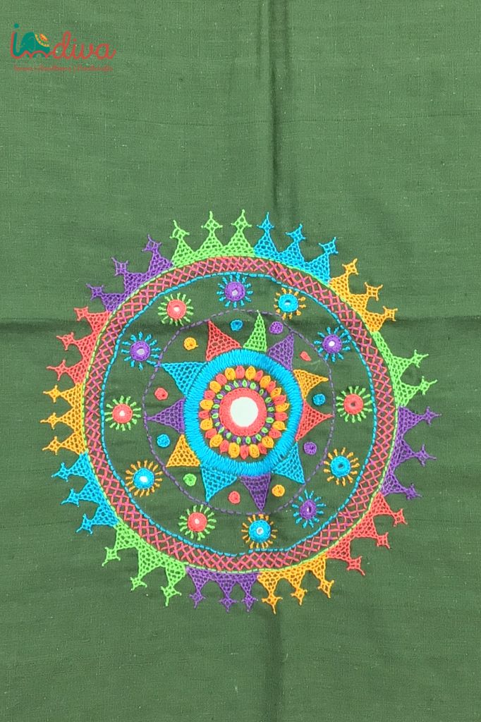 Indiva Handcrafted Lambani Embroidered Green Khadi Blouse Piece