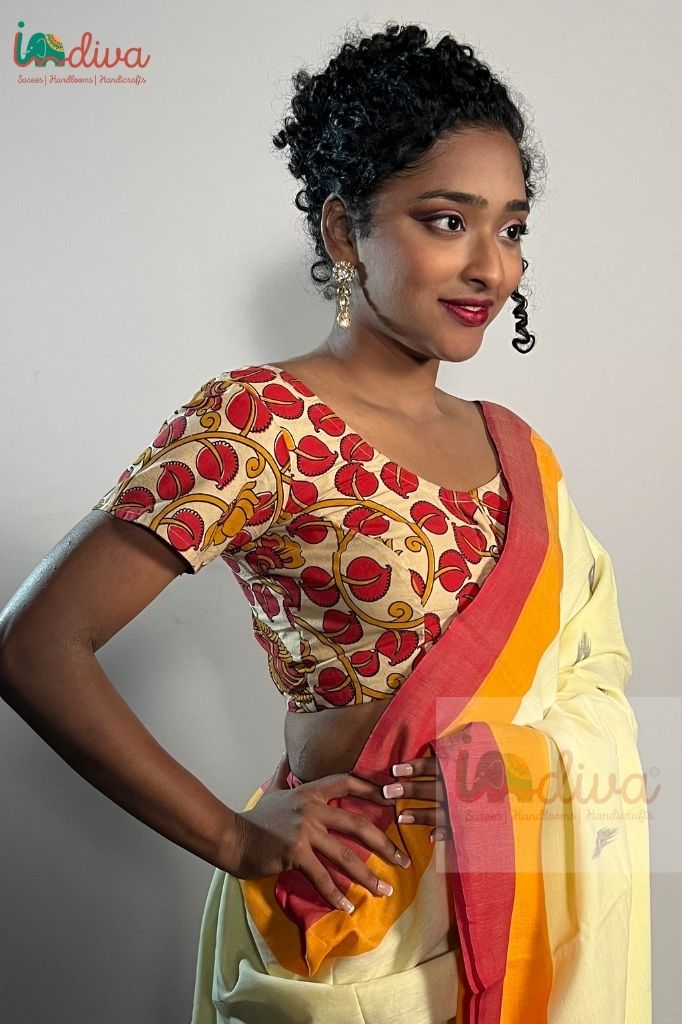Indiva Kalamkari red, yellow cotton blouse - 32
