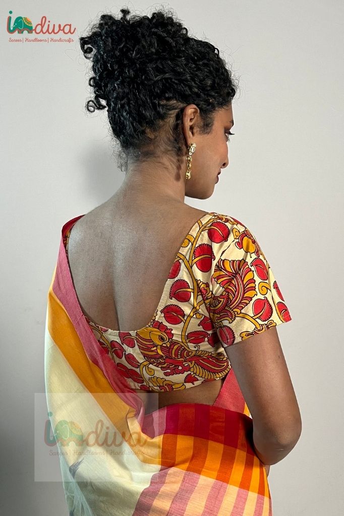 Indiva Kalamkari red, yellow cotton blouse - 32