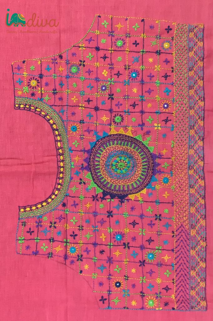 Indiva Lambani Embroidered Pink Khadi Blouse Piece