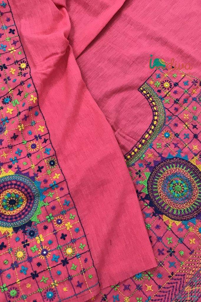 Indiva Lambani Embroidered Pink Khadi Blouse Piece