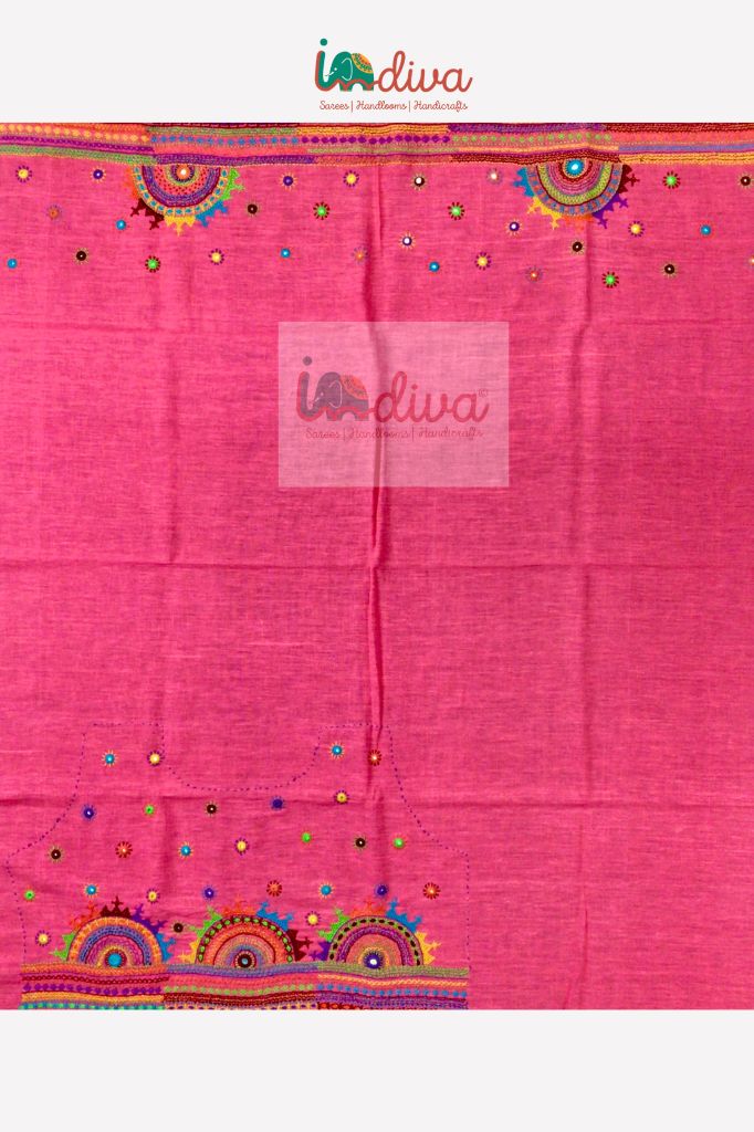 Indiva Pink Lambani Embroidered Khadi Blouse Fabric
