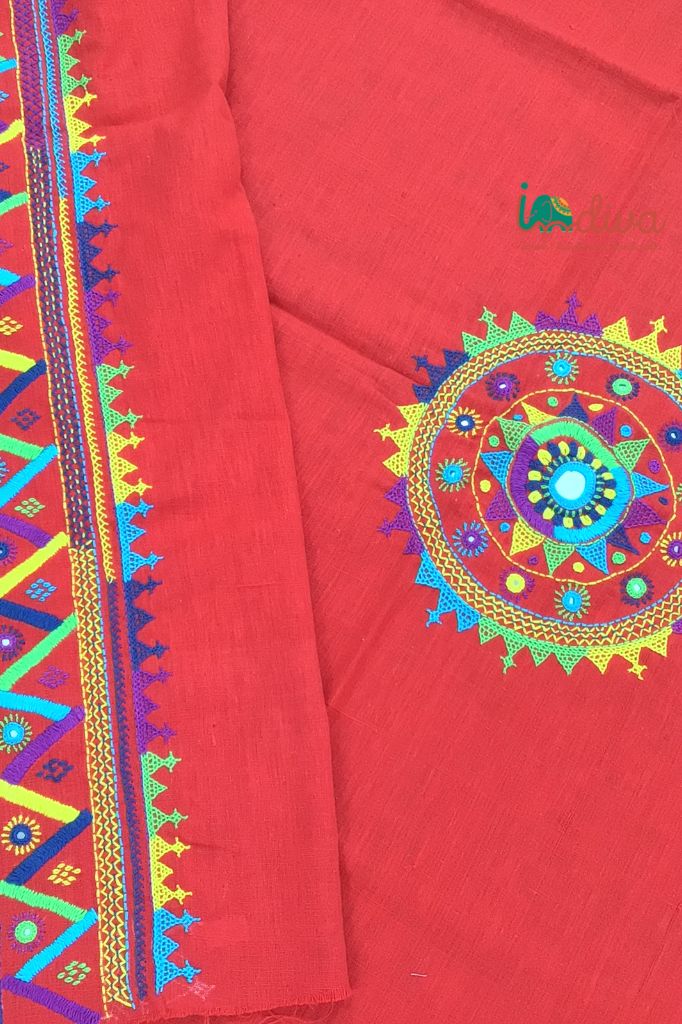 Indiva Red Lambani Embroidered Khadi Blouse Piece