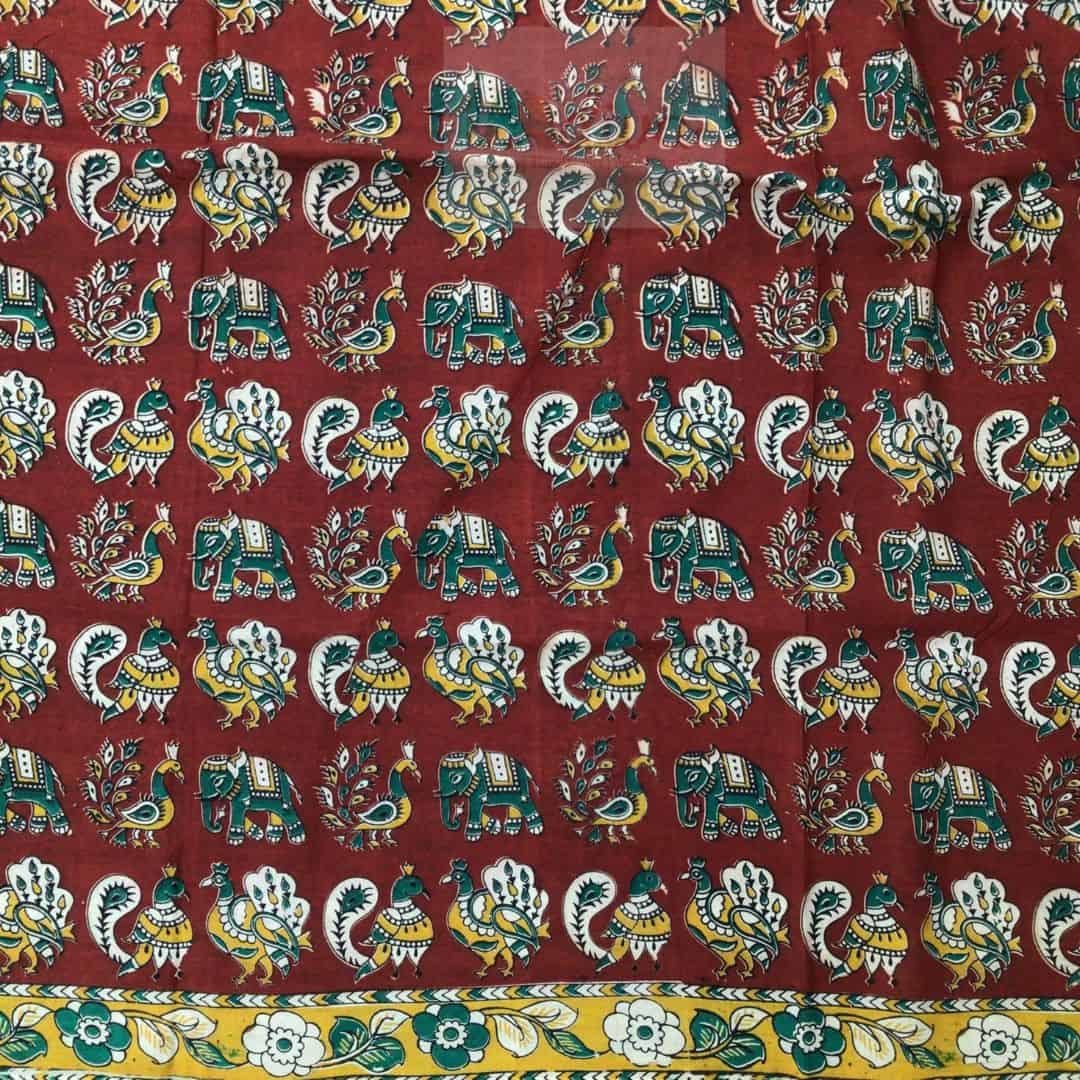 Kalamkari Chennur Silk Peacock Motifs Maroon Saree-Border