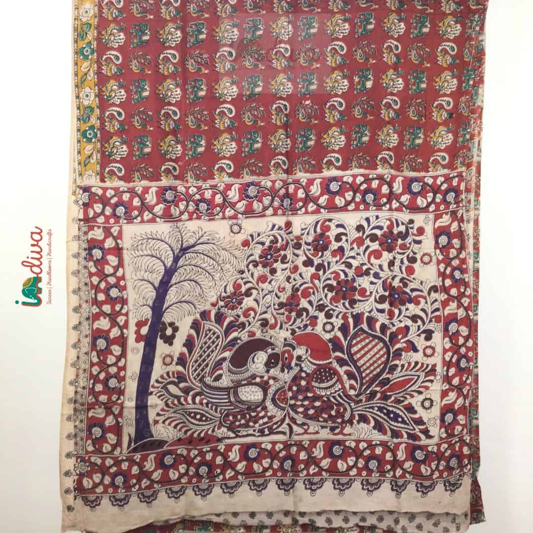 Kalamkari Chennur Silk Peacock Motifs Maroon Saree-Pallu