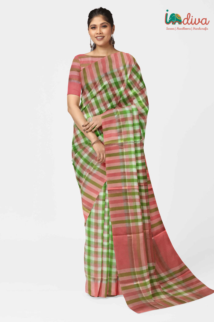 Pink & Green Checks Handloom Mangalgiri Cotton Saree