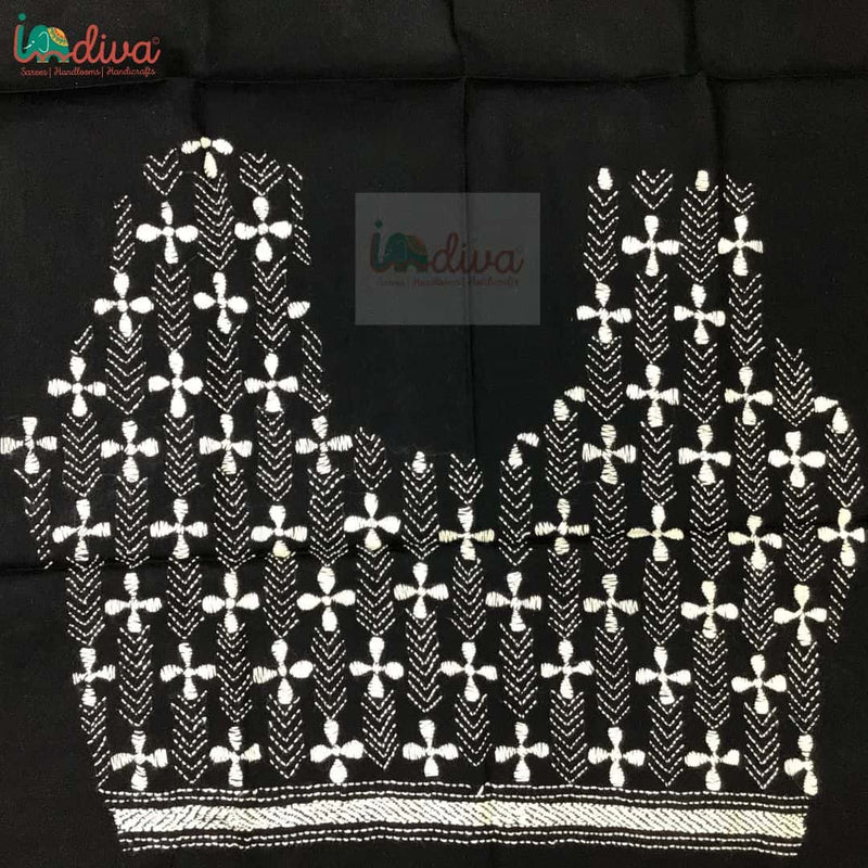 Monochrome Kantha Blouse Fabric With Small Floral Motifs-Body
