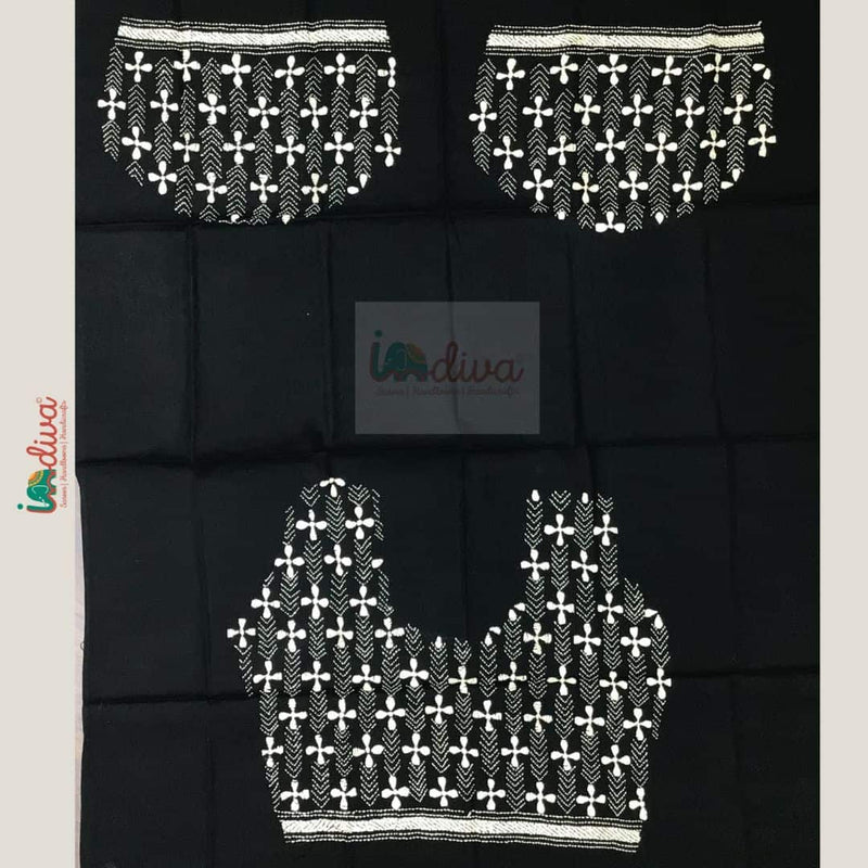 Monochrome Kantha Blouse Fabric With Small Floral Motifs