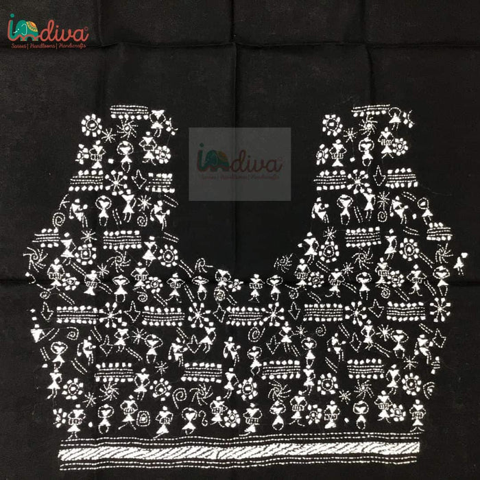 Monochrome Kantha Blouse Fabric With Worli Motifs-Body