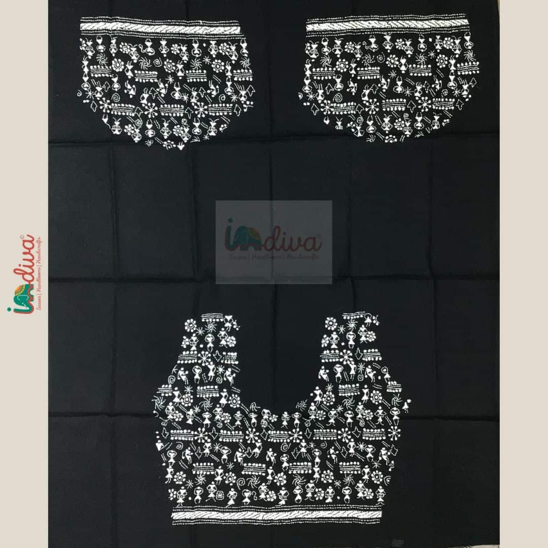 Monochrome Kantha Blouse Fabric With Worli Motifs