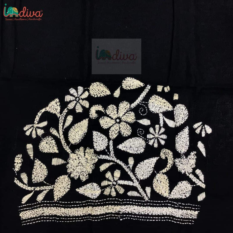 Monochrome Kantha Blouse Material With Floral Motifs-Sleeve