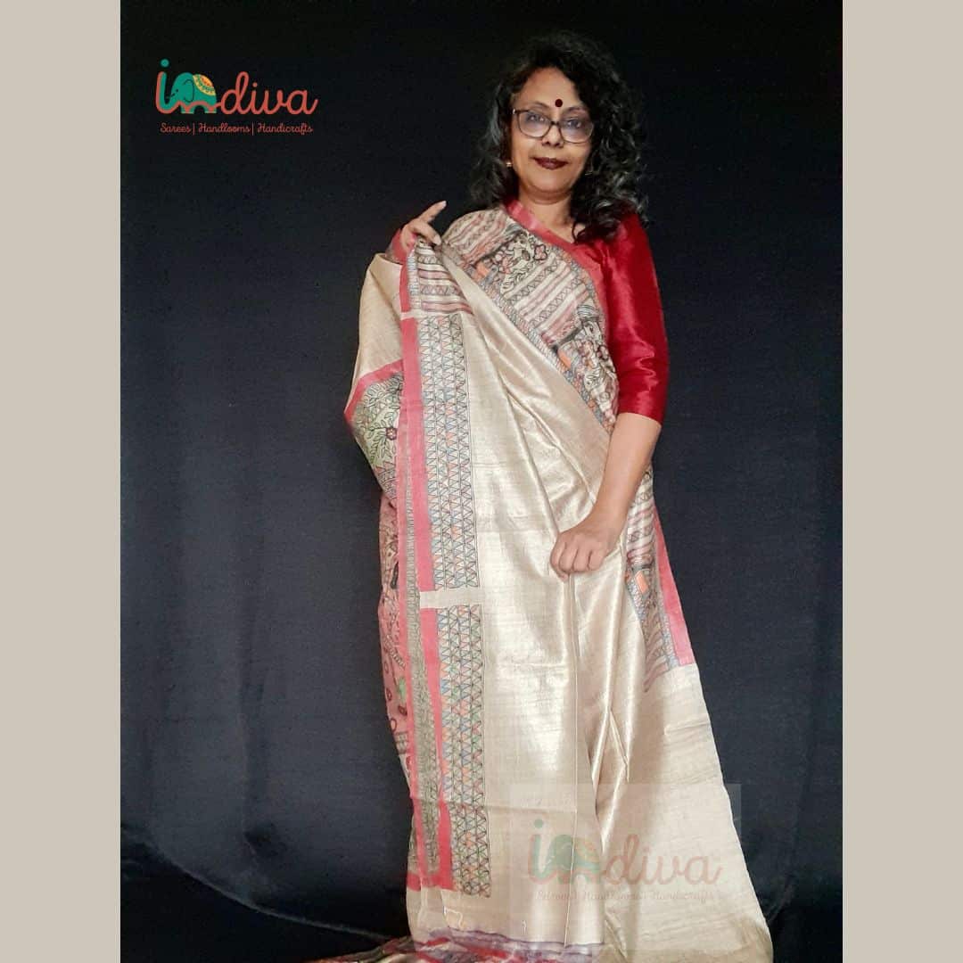 Natural Dyed Madhubani Tussar Silk Saree With Wide Border-Attached Blouse