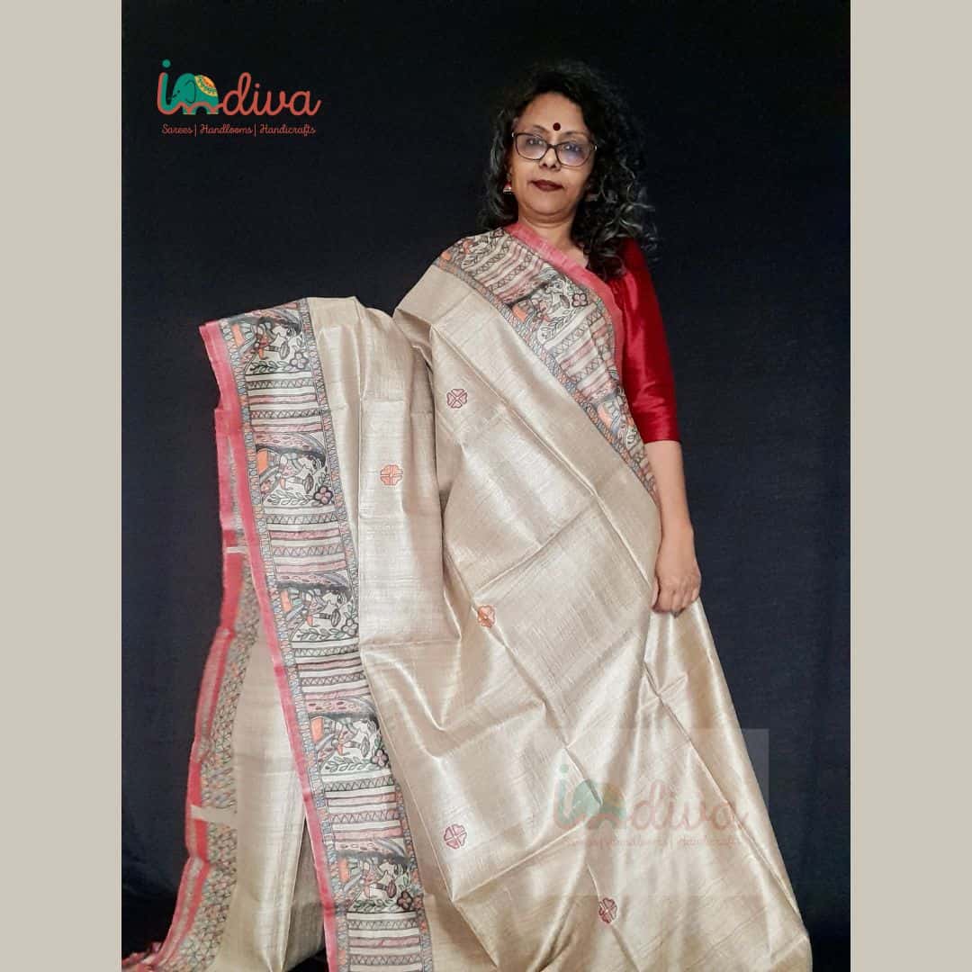 Madhubani Paints Handpainted Madhubani 'Gulabi Doli' Tussar Silk Saree –  Okhaistore