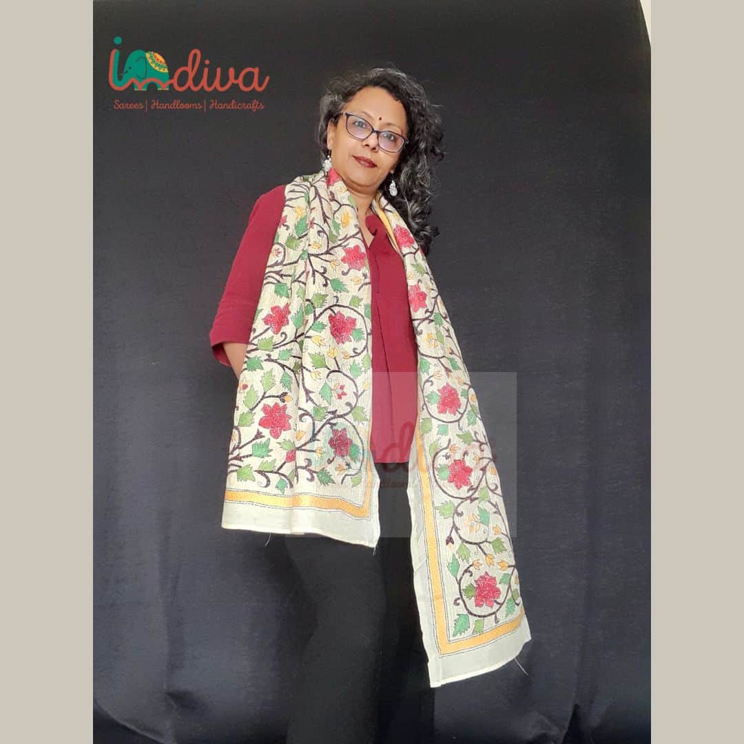 Off-White Handcrafted Kantha Silk Stole-Front