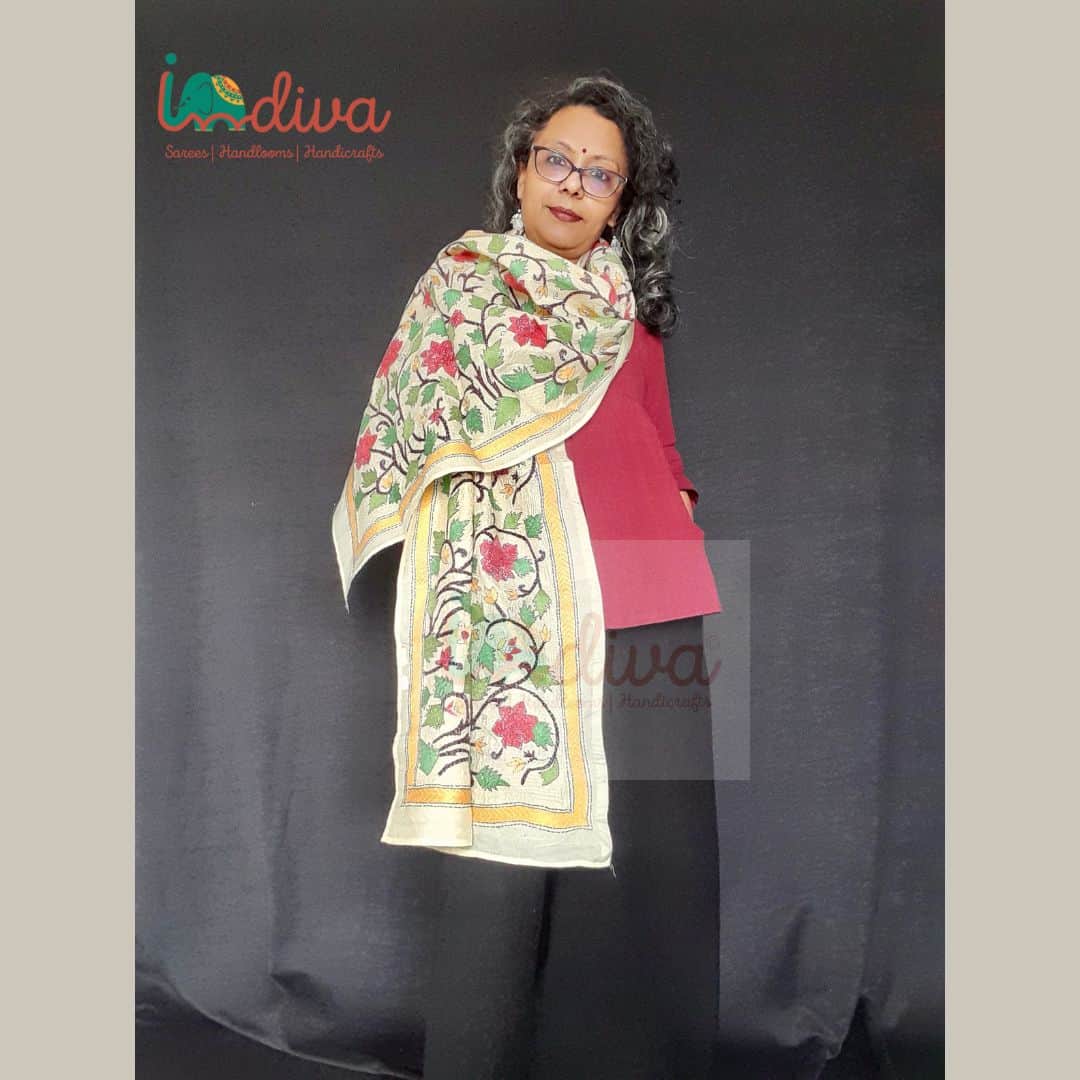 Off-White Handcrafted Kantha Silk Stole