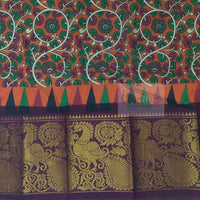 Orange & Brown Sungudi Cotton Saree with Kalamkari Prints-Bottom Border