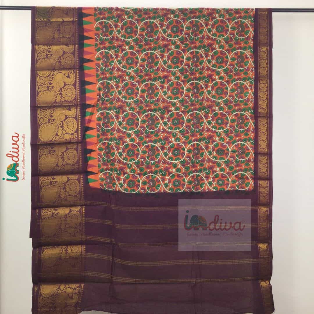 Orange & Brown Sungudi Cotton Saree with Kalamkari Prints