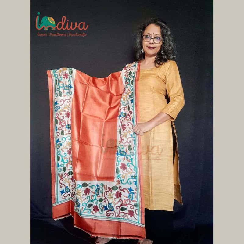 Orange Handcrafted Kantha Tussar Silk Dupatta-Display