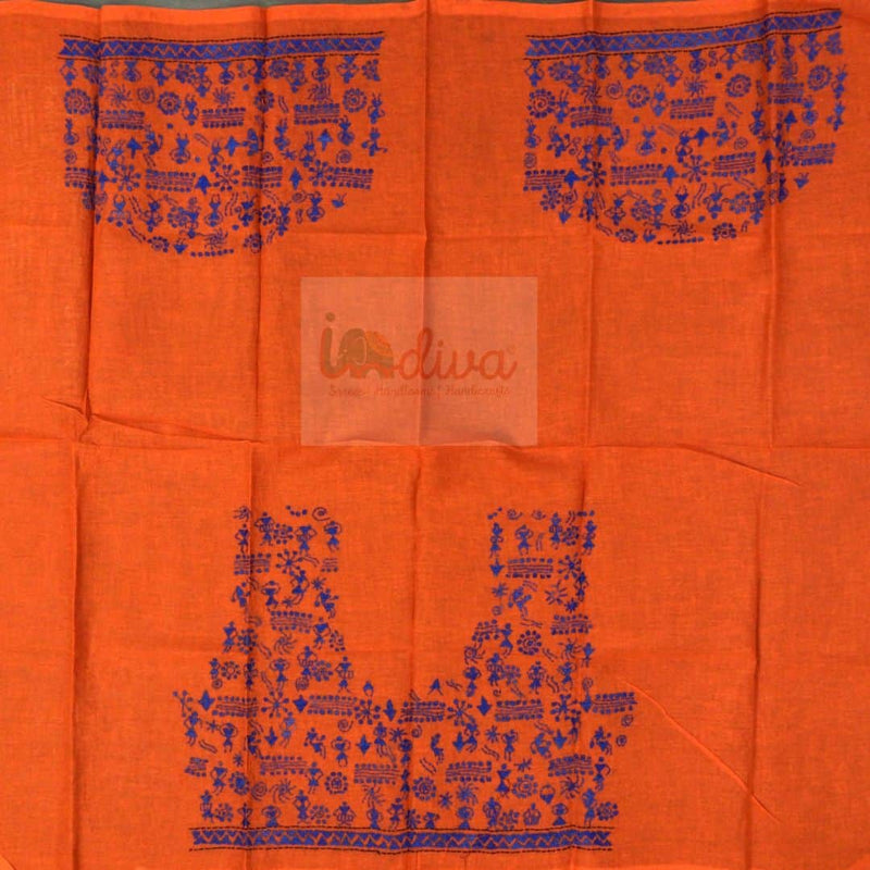 Orange Kantha Blouse Fabric with Blue Worli Motifs-Back
