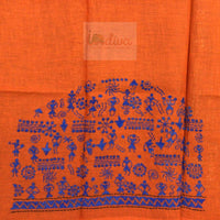 Orange Kantha Blouse Fabric with Blue Worli Motifss-Sleeve
