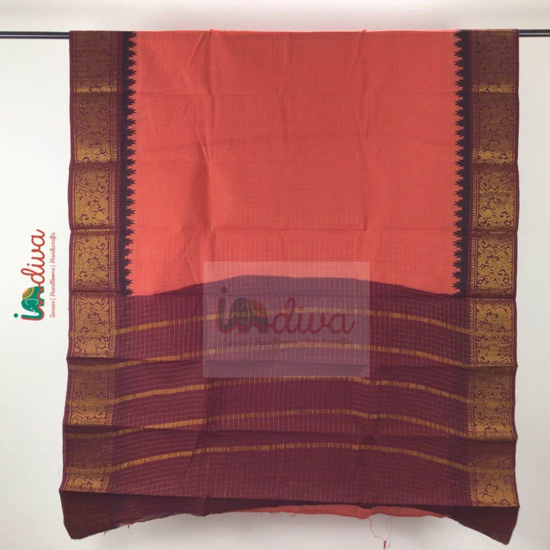 Orange Sungudi Cotton Saree with Maroon Temple Border