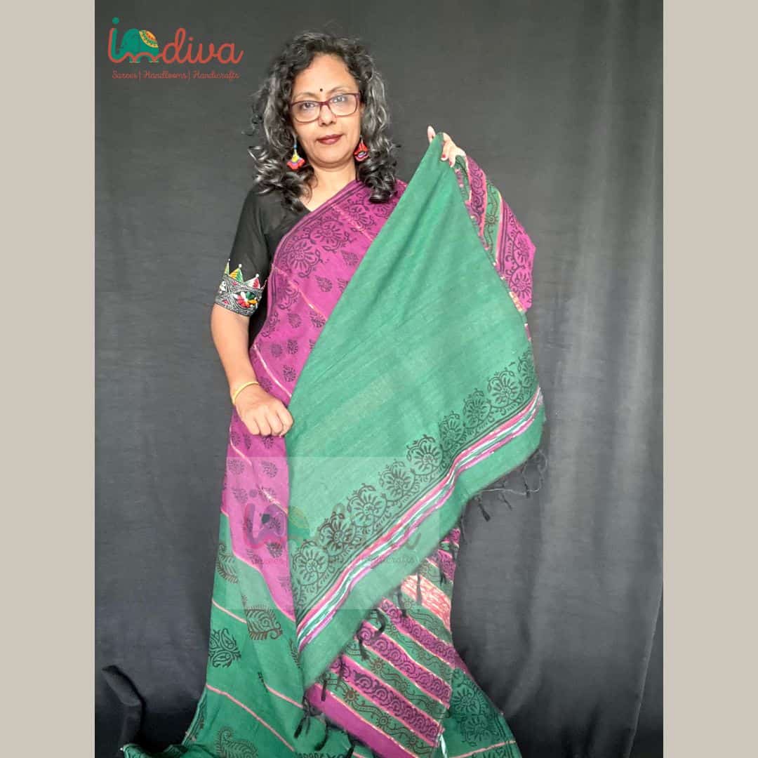Pink & Green Half & Half Handloom Block Printed Khesh Cotton Saree-Blouse Piece