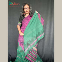 Pink & Green Half & Half Handloom Block Printed Khesh Cotton Saree-Blouse Piece