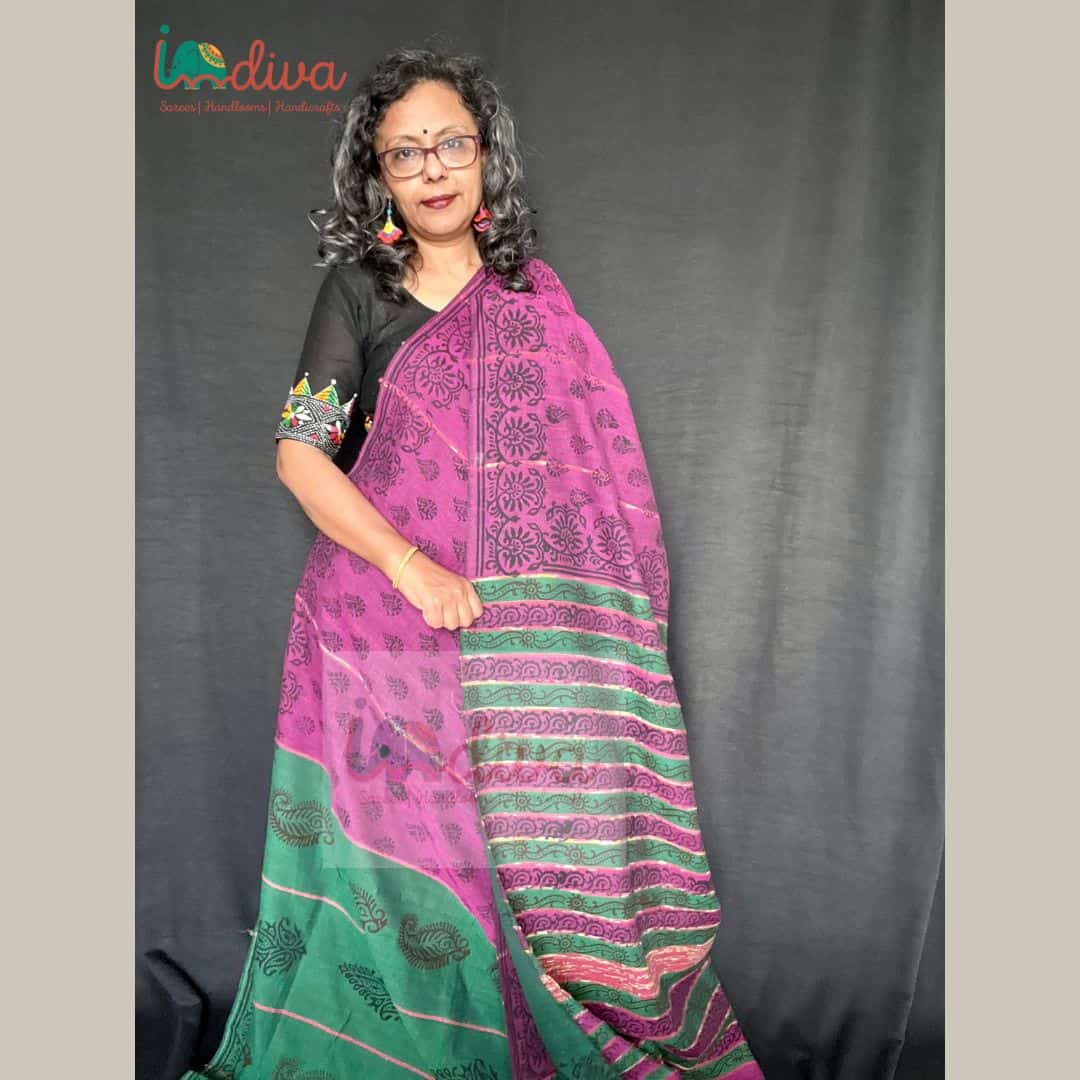 Pink & Green Half & Half Handloom Block Printed Khesh Cotton Saree-Pallu