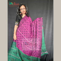 Pink & Green Half & Half Handloom Block Printed Khesh Cotton Saree
