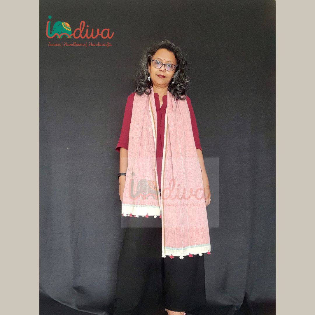 Pink Handcrafted Khadi Cotton Stole-Front