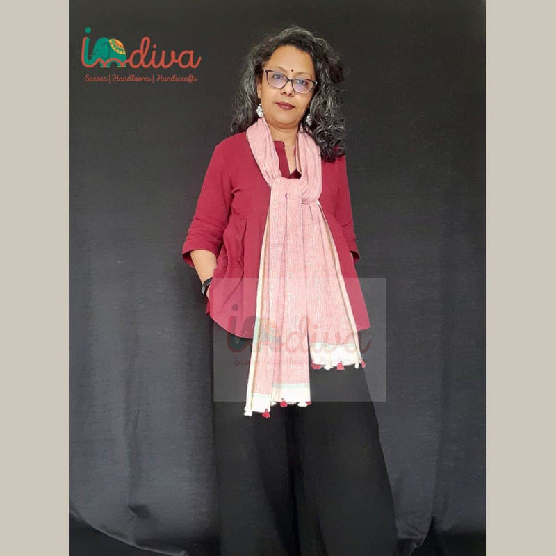 Pink Handcrafted Khadi Cotton Stole-Knot