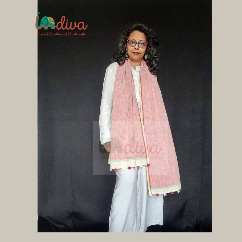 Pink Handcrafted Khadi Cotton Stole-On White