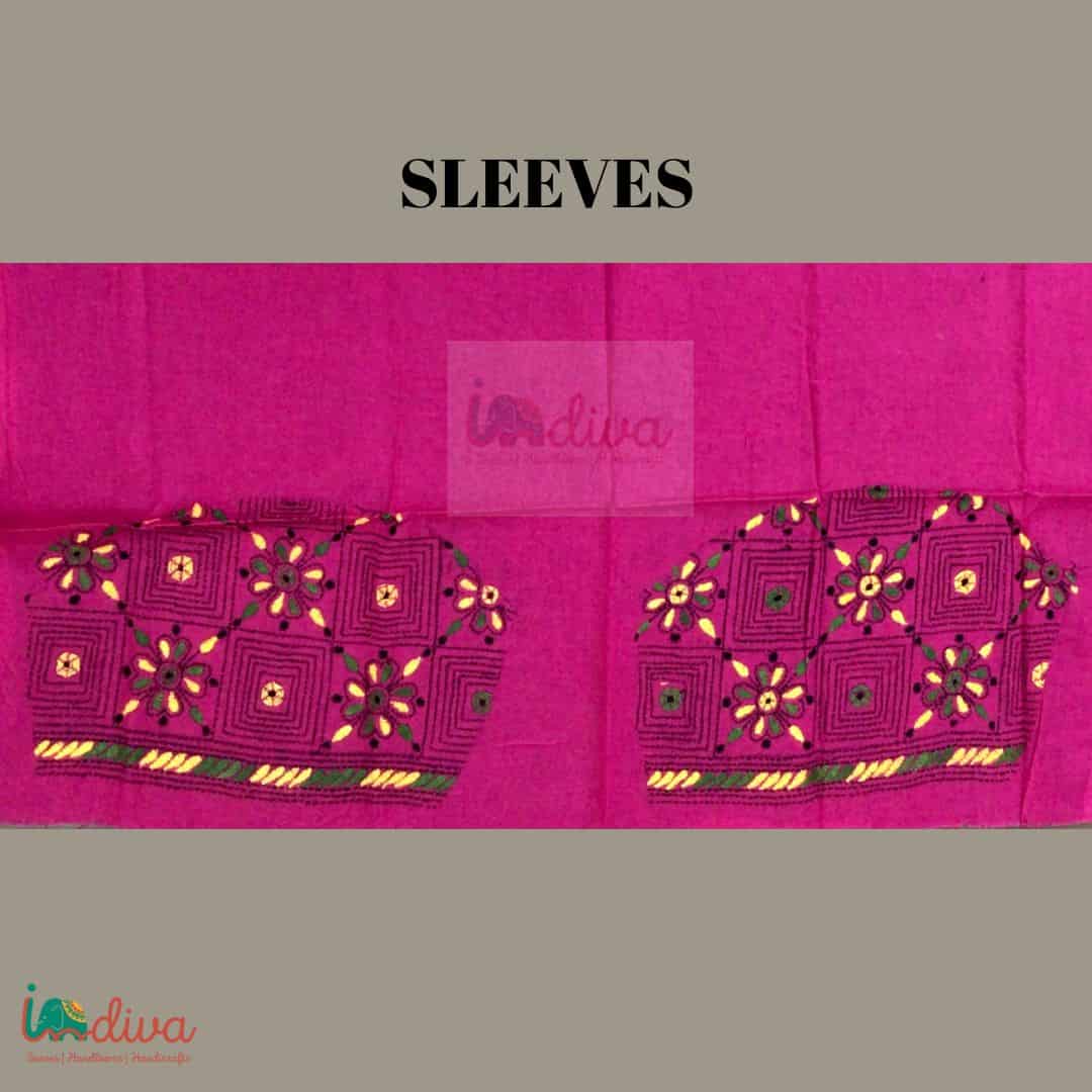 Pink Kantha Blouse Material With Black, Yellow, & Green Motifs-Sleeves