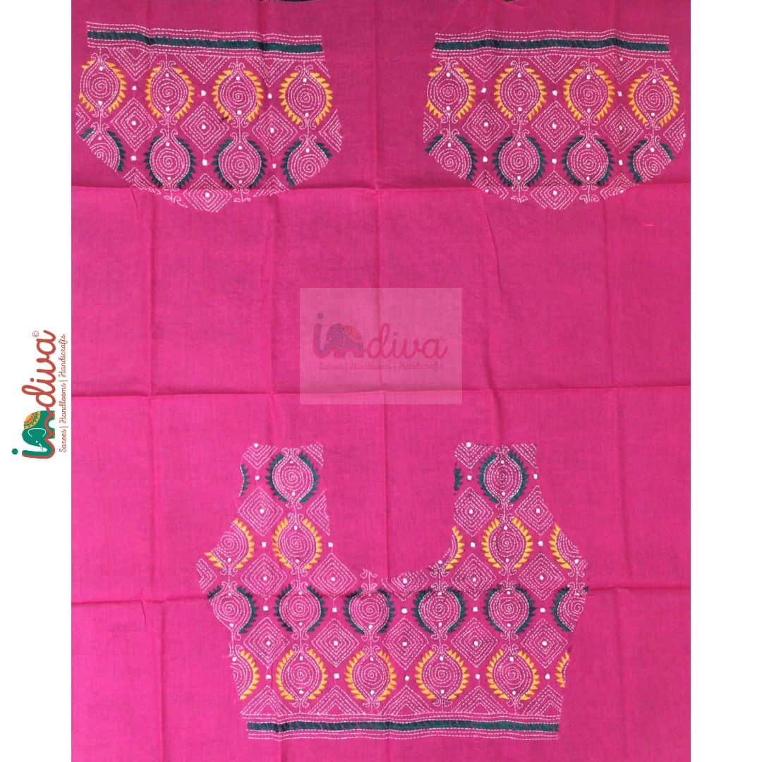 Pink Kantha Blouse Fabric With Yellow Blue Motif