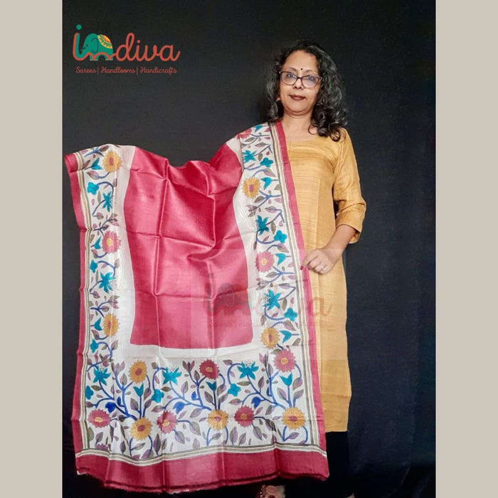 Pink Kantha Tussar Silk Dupatta-Display