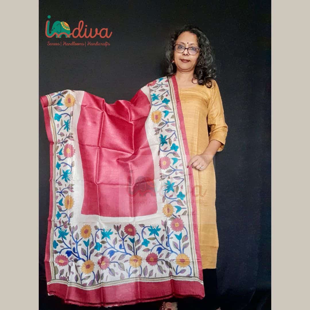 Pink Kantha Tussar Silk Dupatta-Display