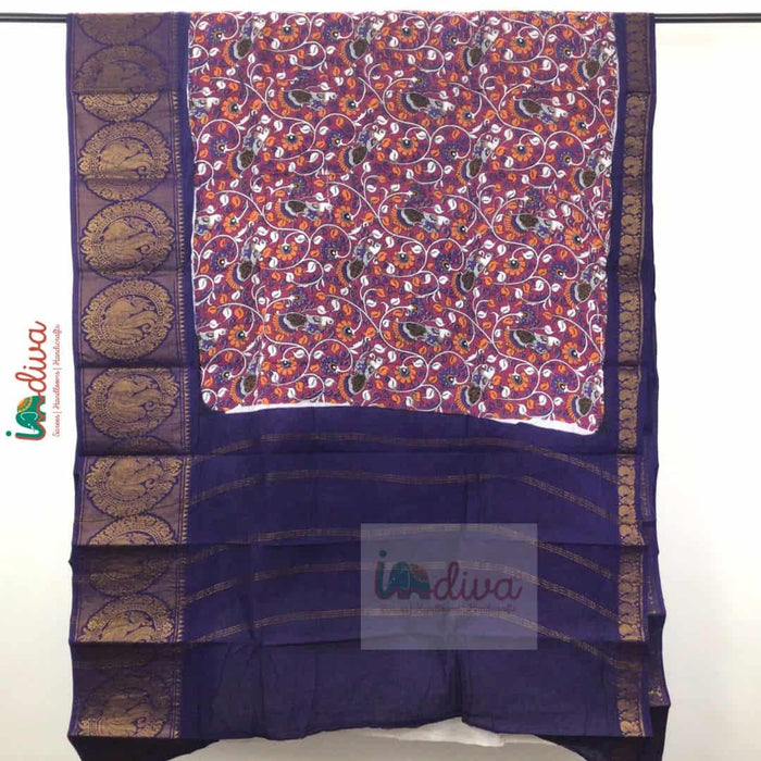 Pink & Purple Sungudi Cotton Saree with Kalamkari Prints