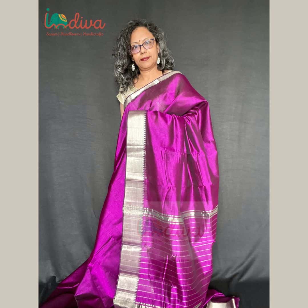 Maheshwari Silk Saree with Silver Border - Purple – theCraftVillage